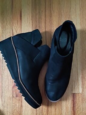Eileen Fisher Black Leather Sude Wedge Booties Size 9